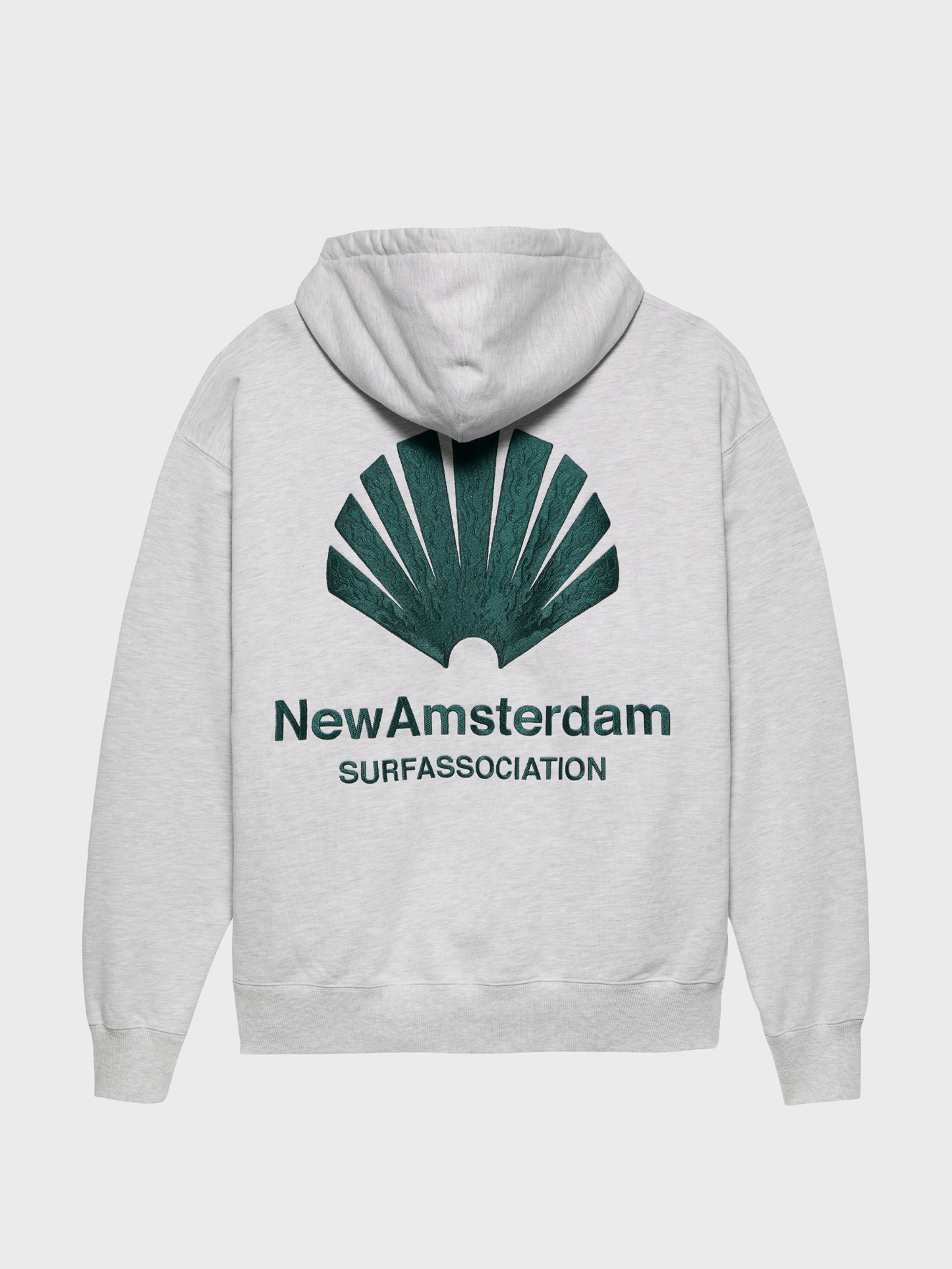 New Amsterdam Surf Association Logo Hoodie back, ash grey with bottle green print
