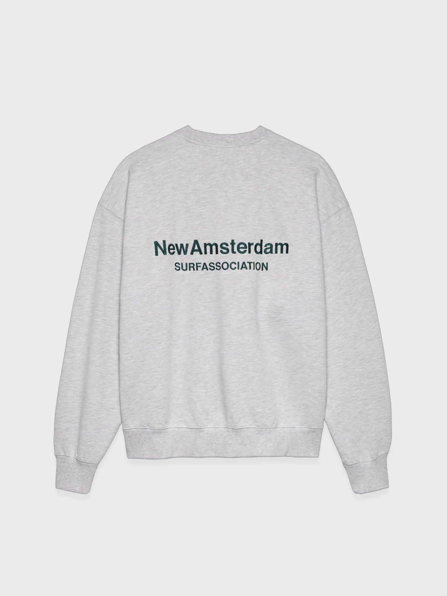 New Amsterdam Surf Association Logo Crewneck sweatshirt in Ash, front view with green logo printed on chest.