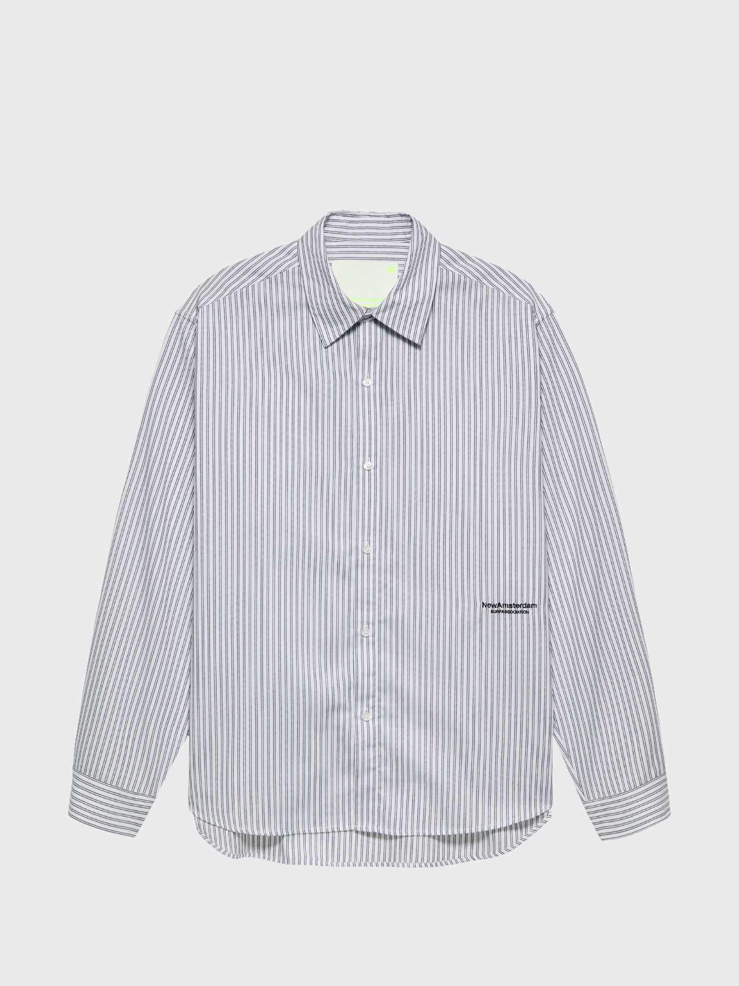 New Amsterdam Surf Association Beach Shirt in white and black stripe, front view