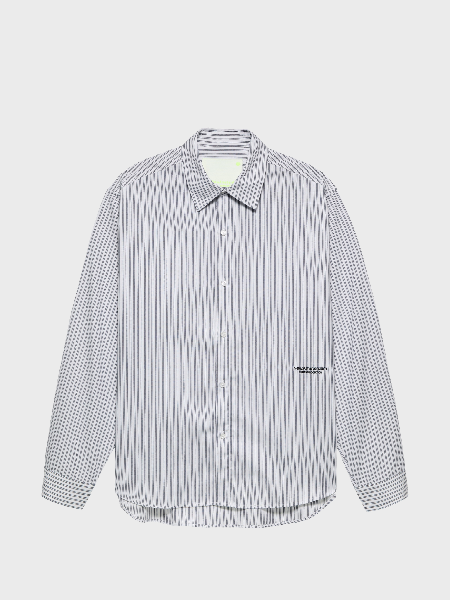 New Amsterdam Surf Association Beach Shirt in white and black stripe, front view