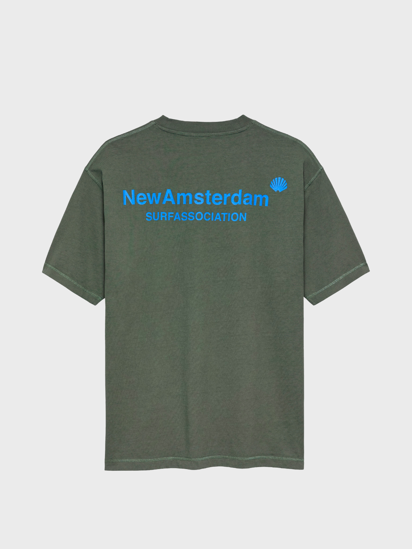 New Amsterdam Surf Association Logo Tee in Teal Deep Sea, front view with blue logo and shell icon