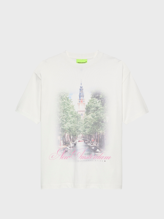 New Amsterdam Surf Association City of Water Tee washed white front with canal scene and rose script