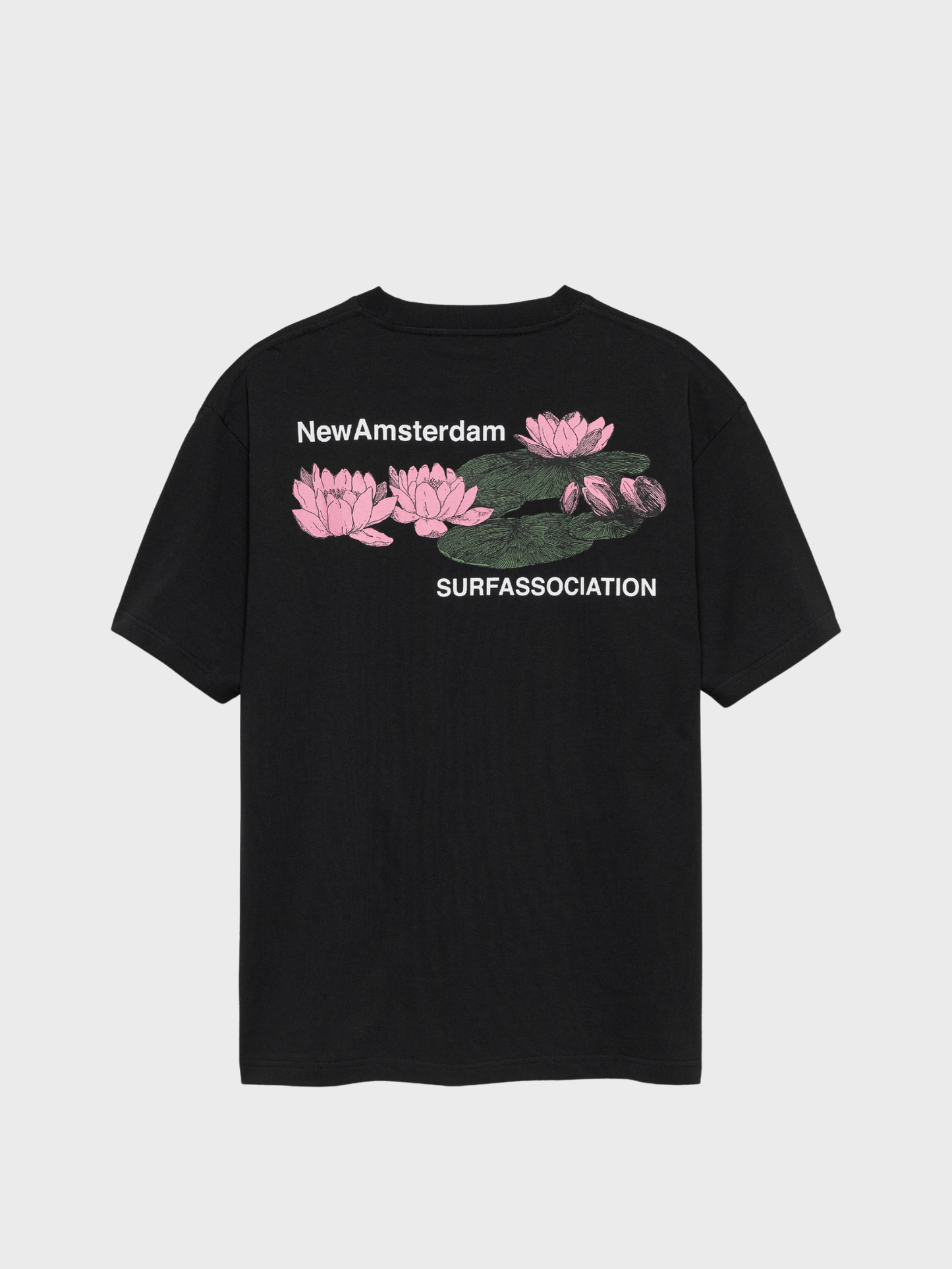 New Amsterdam Surf Association Lilies Tee in zwart met print van roze waterlelies op voorkant