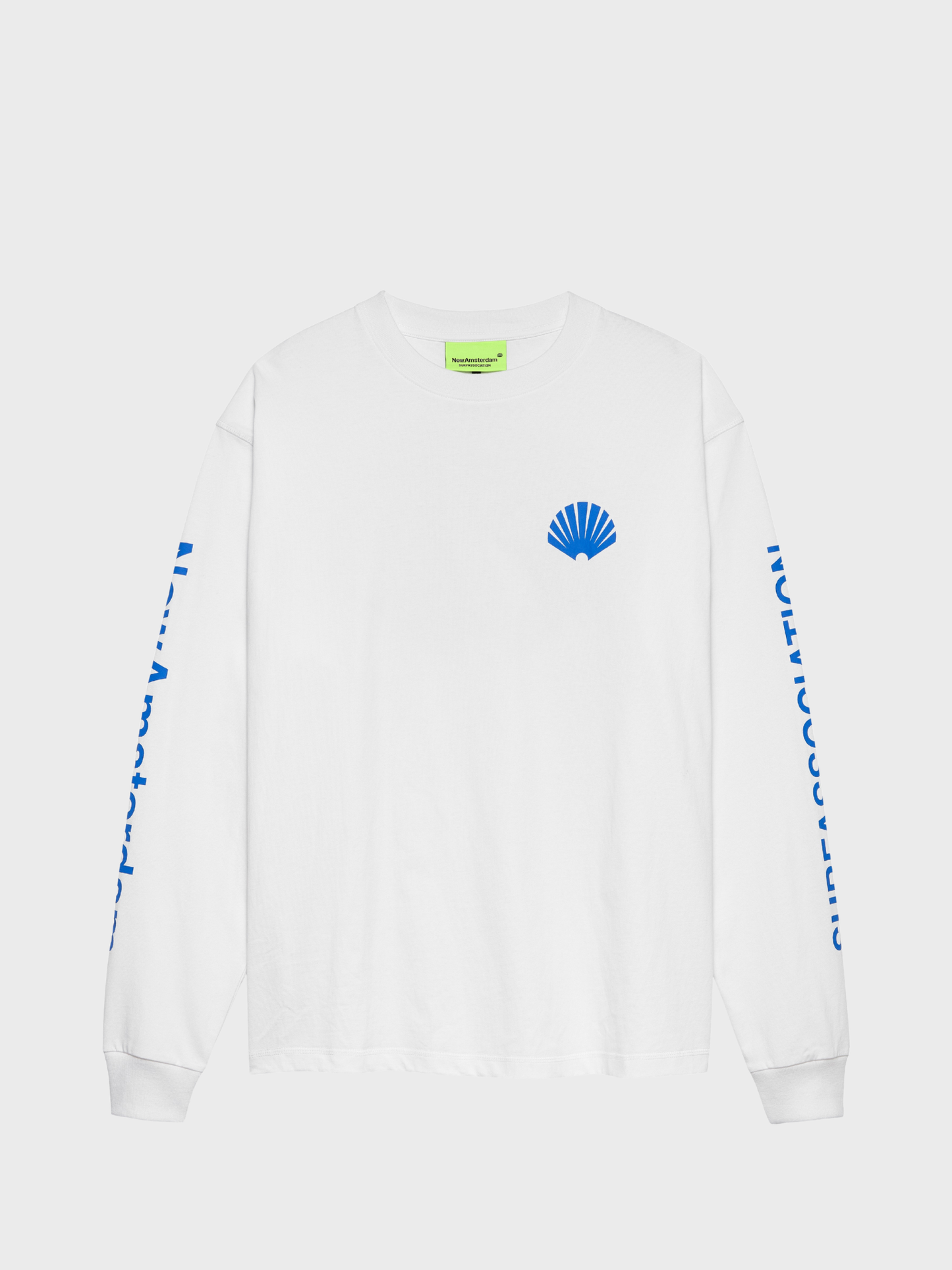 New Amsterdam Surf Association Logo longsleeve wit met cobalt shells-print op voorkant en mouwen