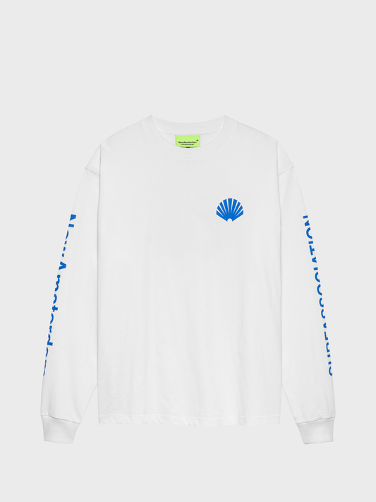 New Amsterdam Surf Association Logo longsleeve wit met cobalt shells-print op voorkant en mouwen