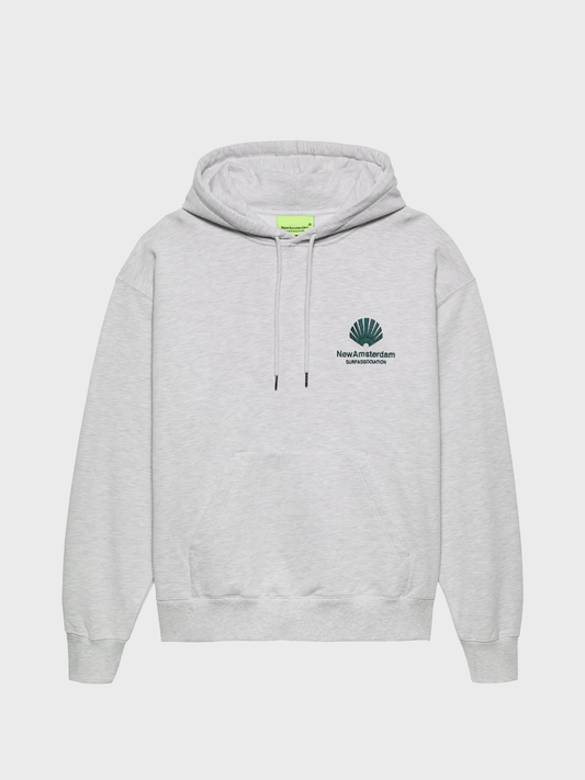 New Amsterdam Surf Association Logo Hoodie in Ash, front view with small embroidered logo