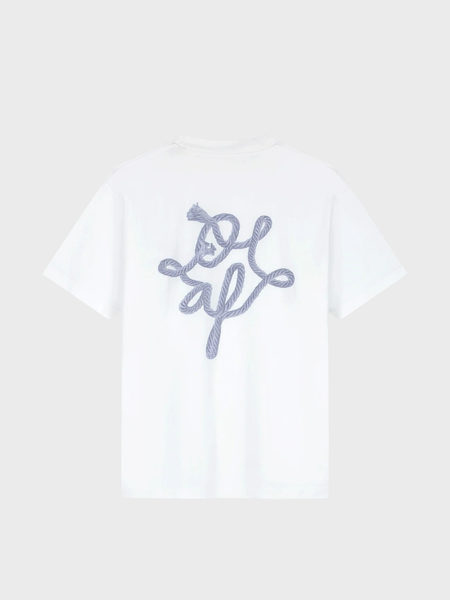 OLAF Lasso Face T-shirt in optisch wit met geborduurd gezichts- en touwontwerp op voorkant