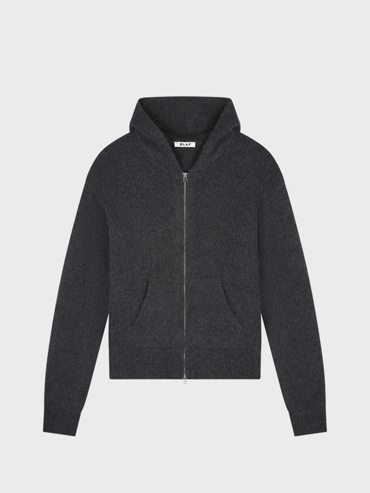 OLAF Zip Knitted Hoodie in Charcoal, front view