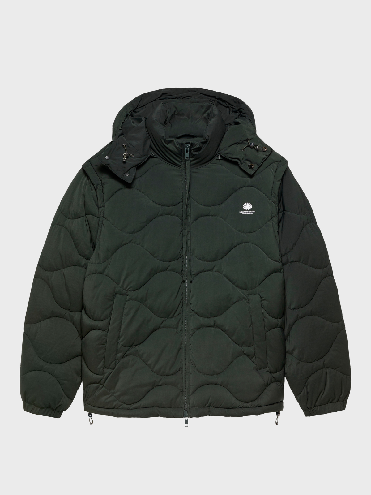 New Amsterdam Surf Association Detachable Jacket in Olive met golfvormige stiksels en afneembare capuchon.