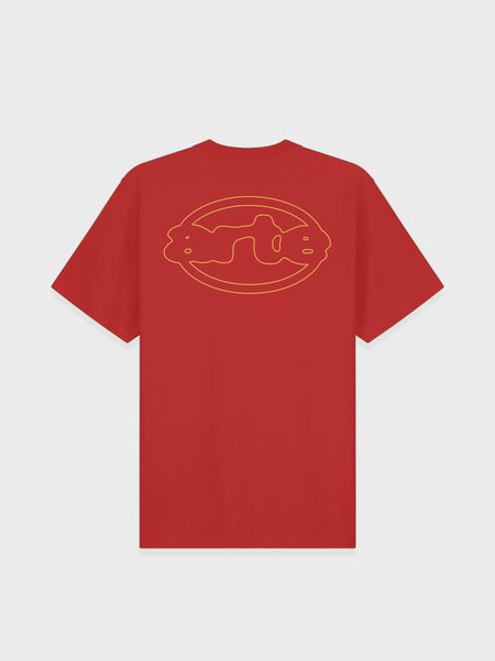 Arte Antwerp Emblem T-shirt in rood met geel geborduurd embleem op de voorkant