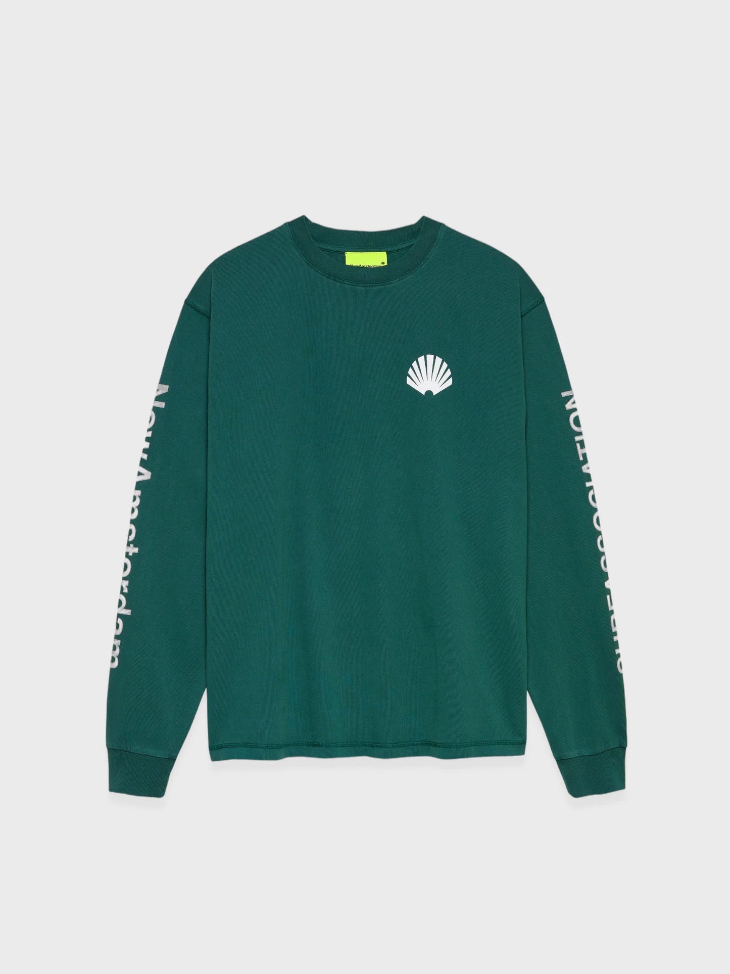 New Amsterdam Surf Association Logo Longsleeve in Bottle Green with white logo and sleeve print, front view