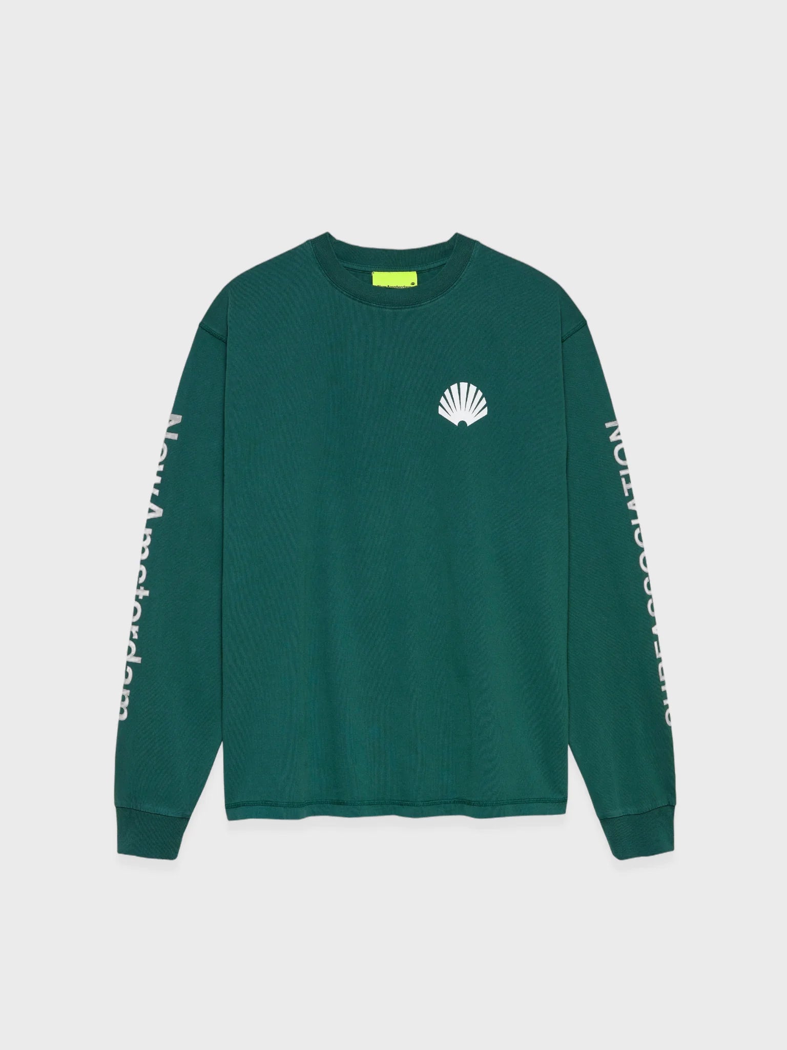 New Amsterdam Surf Association Logo Longsleeve in Bottle Green with white logo and sleeve print, front view