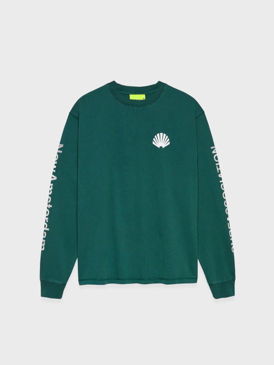 New Amsterdam Surf Association Logo Longsleeve in Bottle Green with white logo and sleeve print, front view