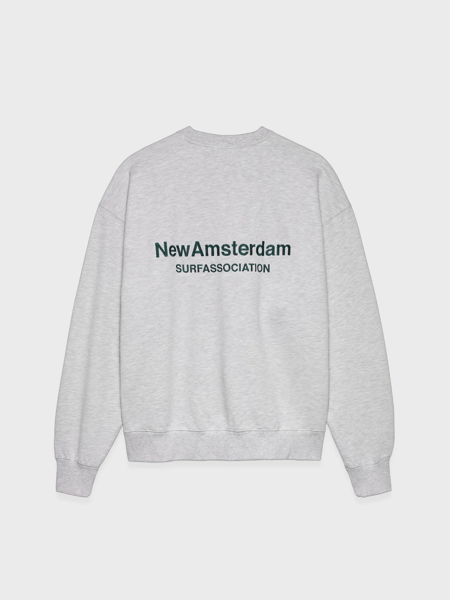 New Amsterdam Surf Association Logo Crewneck sweatshirt in Ash, front view with green logo printed on chest.