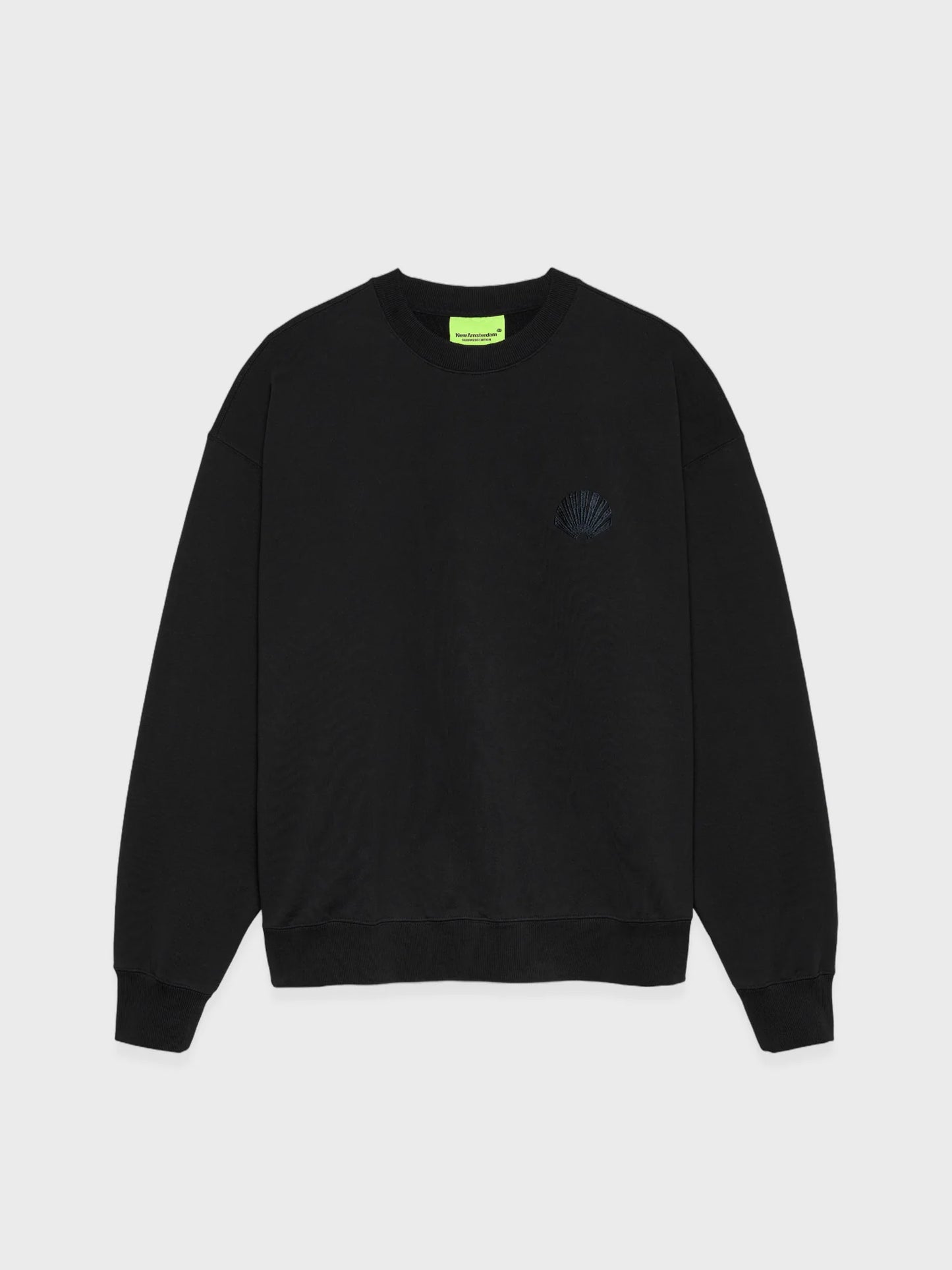New Amsterdam Surf Association Logo Crewneck sweatshirt in Black/Night Sky, front view with small embroidered logo on chest