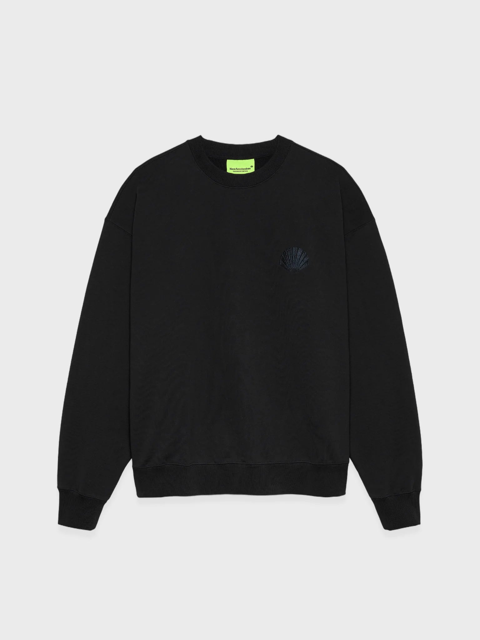 New Amsterdam Surf Association Logo Crewneck sweatshirt in Black/Night Sky, front view with small embroidered logo on chest