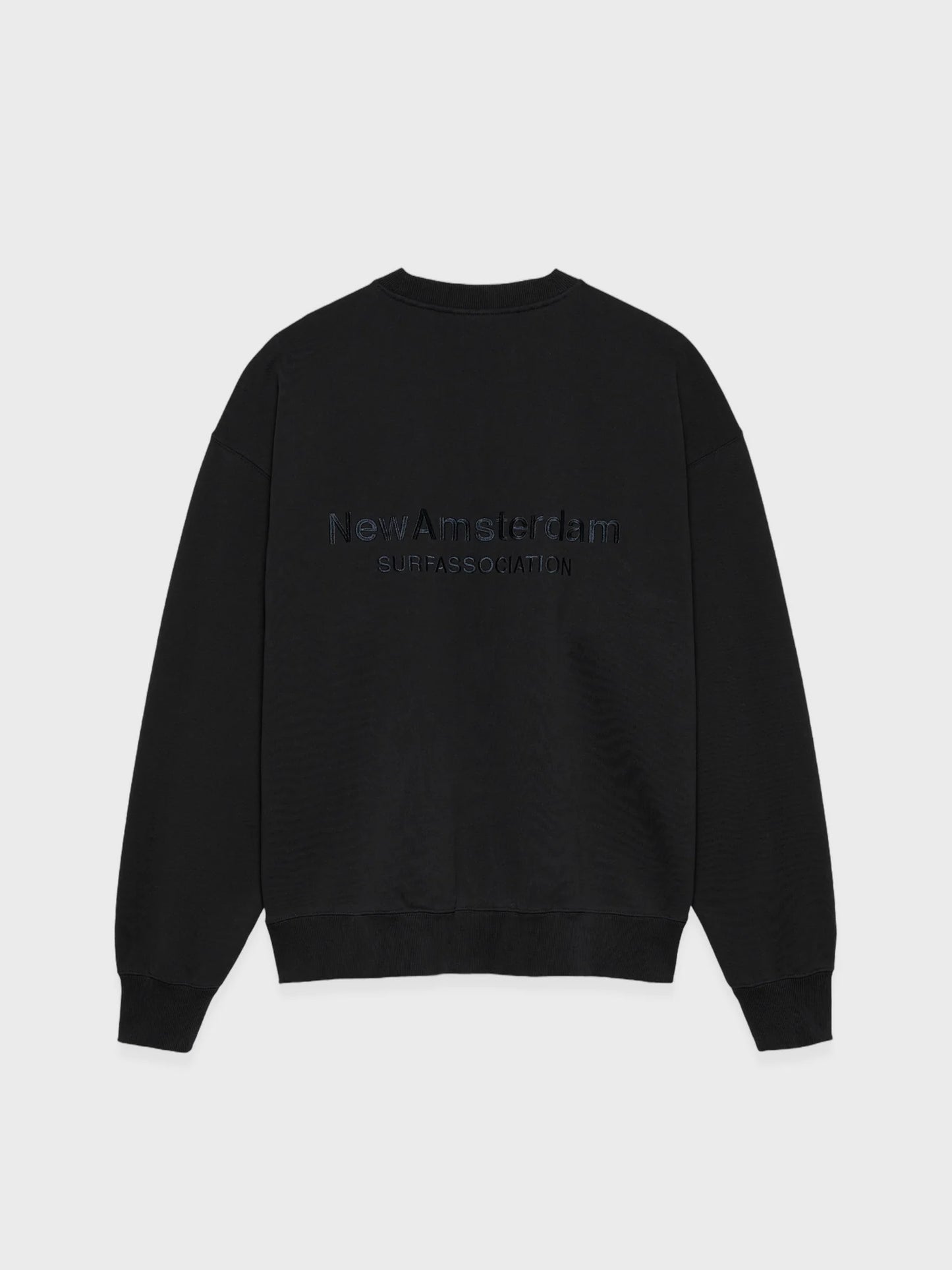 New Amsterdam Surf Association Logo Crewneck in black with tone-on-tone print on front