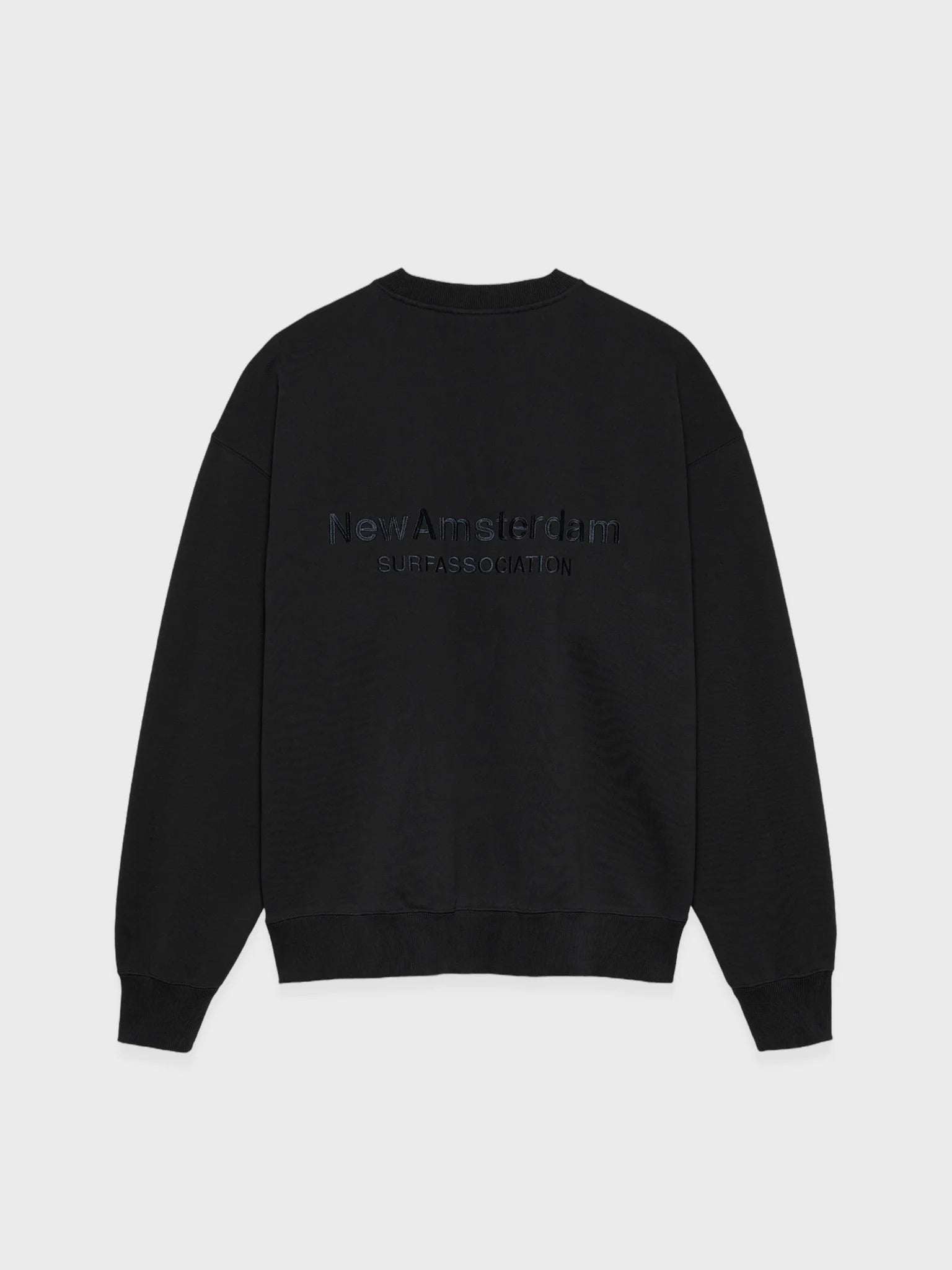 New Amsterdam Surf Association Logo Crewneck in black with tone-on-tone print on front